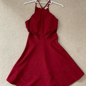 Red mesh paneled high neck skater dress
